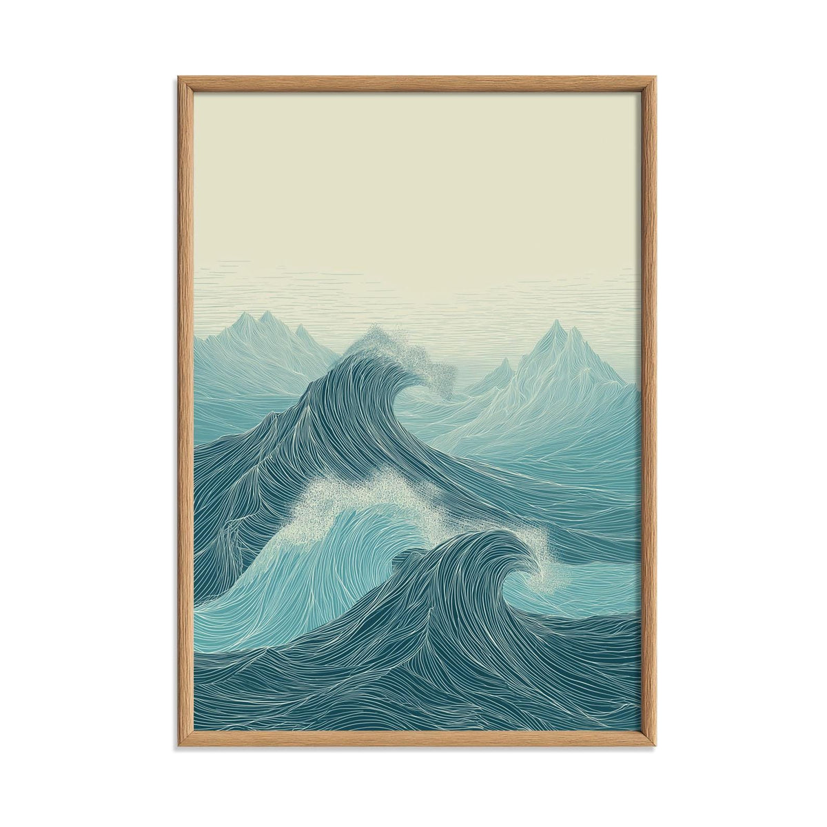Teal Line Art Ocean Waves Print, Coastal Seascape Wall Art