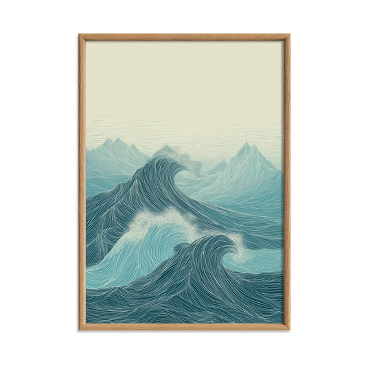 Teal Line Art Ocean Waves Print, Coastal Seascape Wall Art