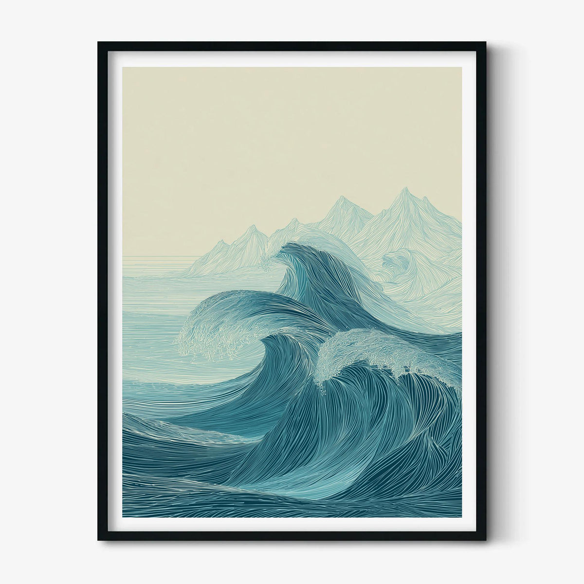 Ocean Waves Poster Print, Teal Line Art Seascape, Coastal Wall Art