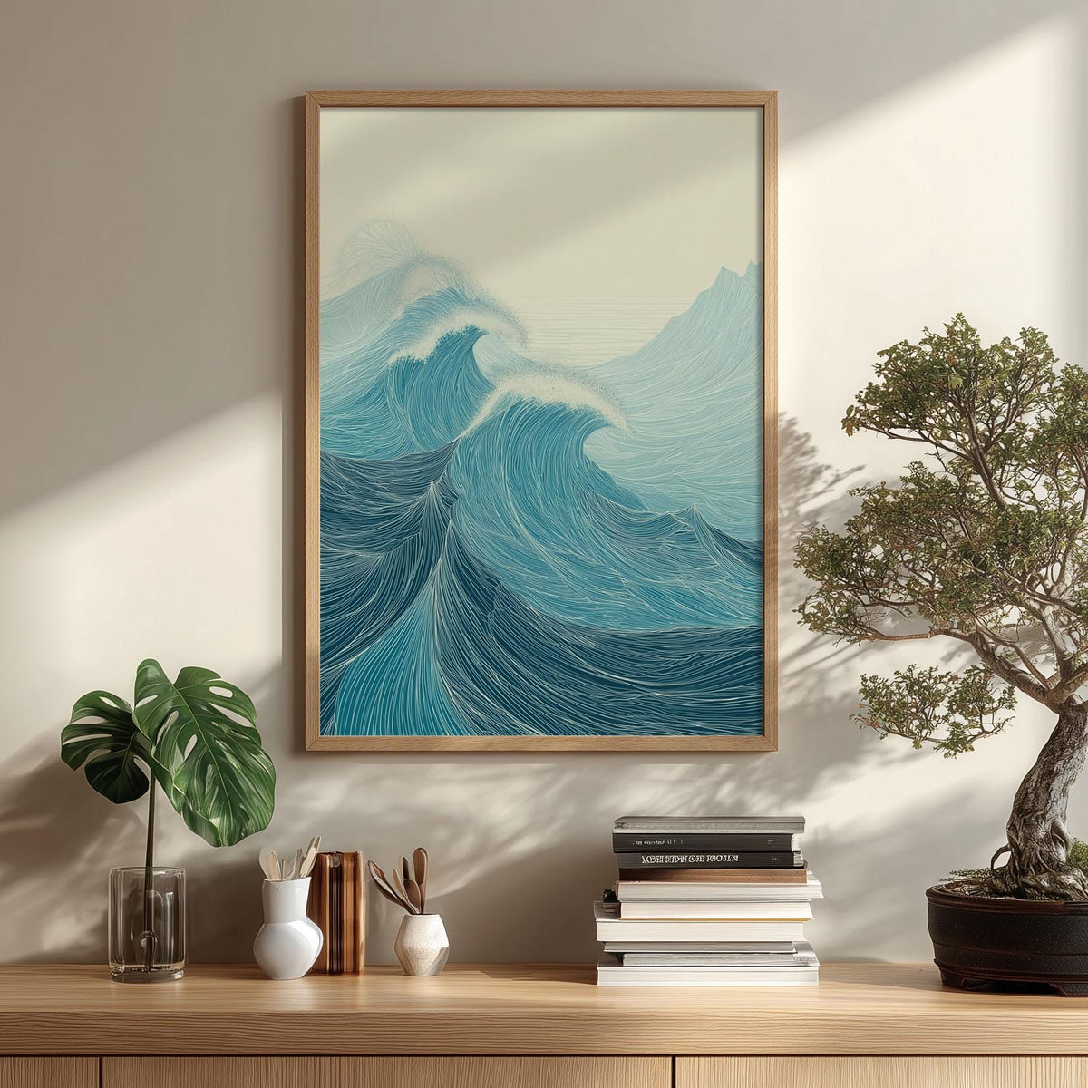 Ocean Waves Poster Print, Teal Line Art Seascape, Coastal Wall Art