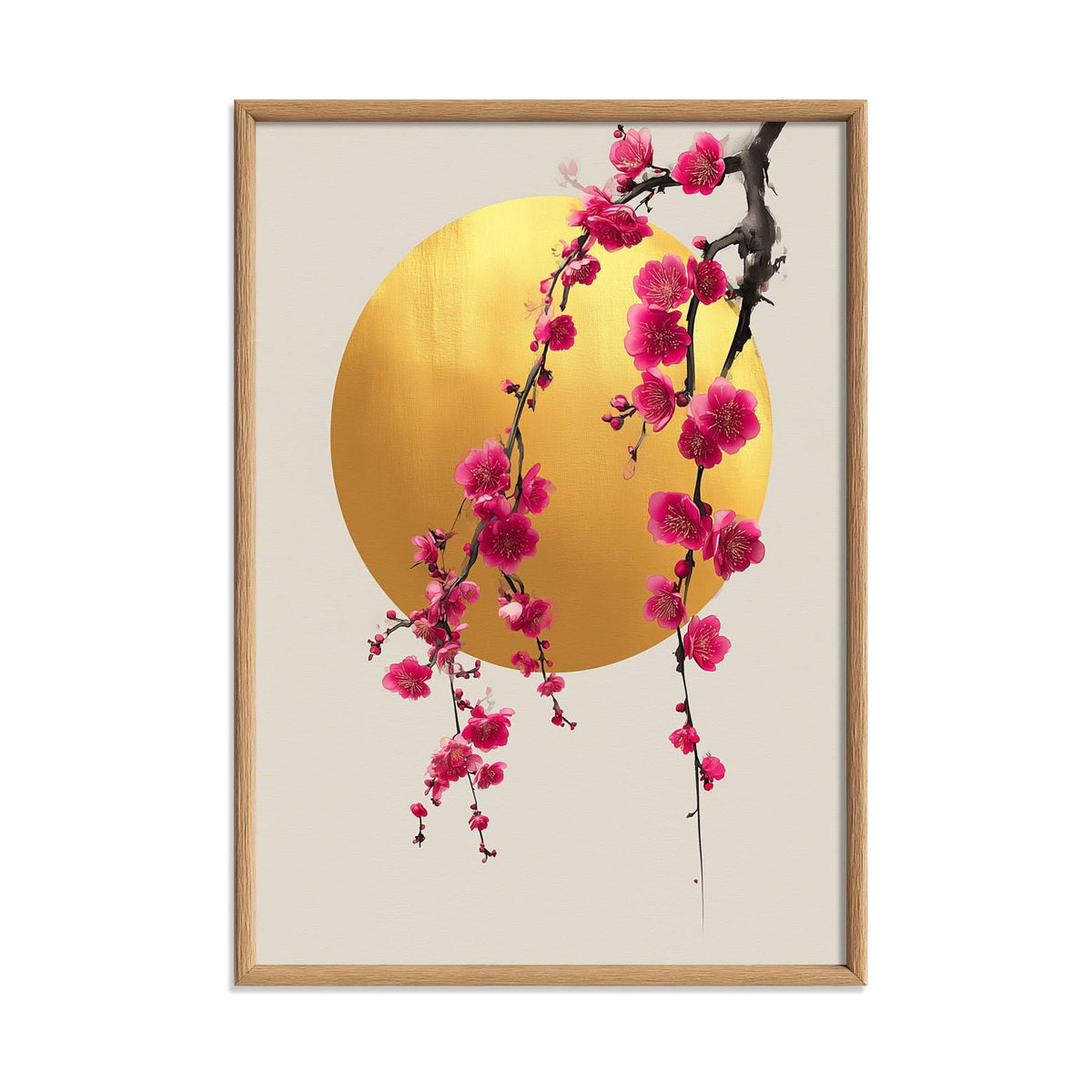Cherry Blossom Art print - Gold Sun Minimalist Wall Decor - Japanese Floral Poster