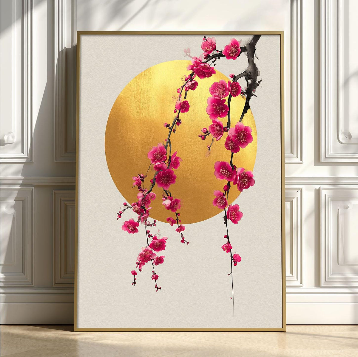 Cherry Blossom Art print - Gold Sun Minimalist Wall Decor - Japanese Floral Poster