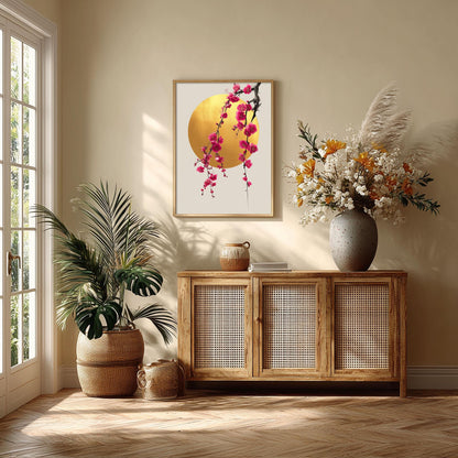 Cherry Blossom Art print - Gold Sun Minimalist Wall Decor - Japanese Floral Poster