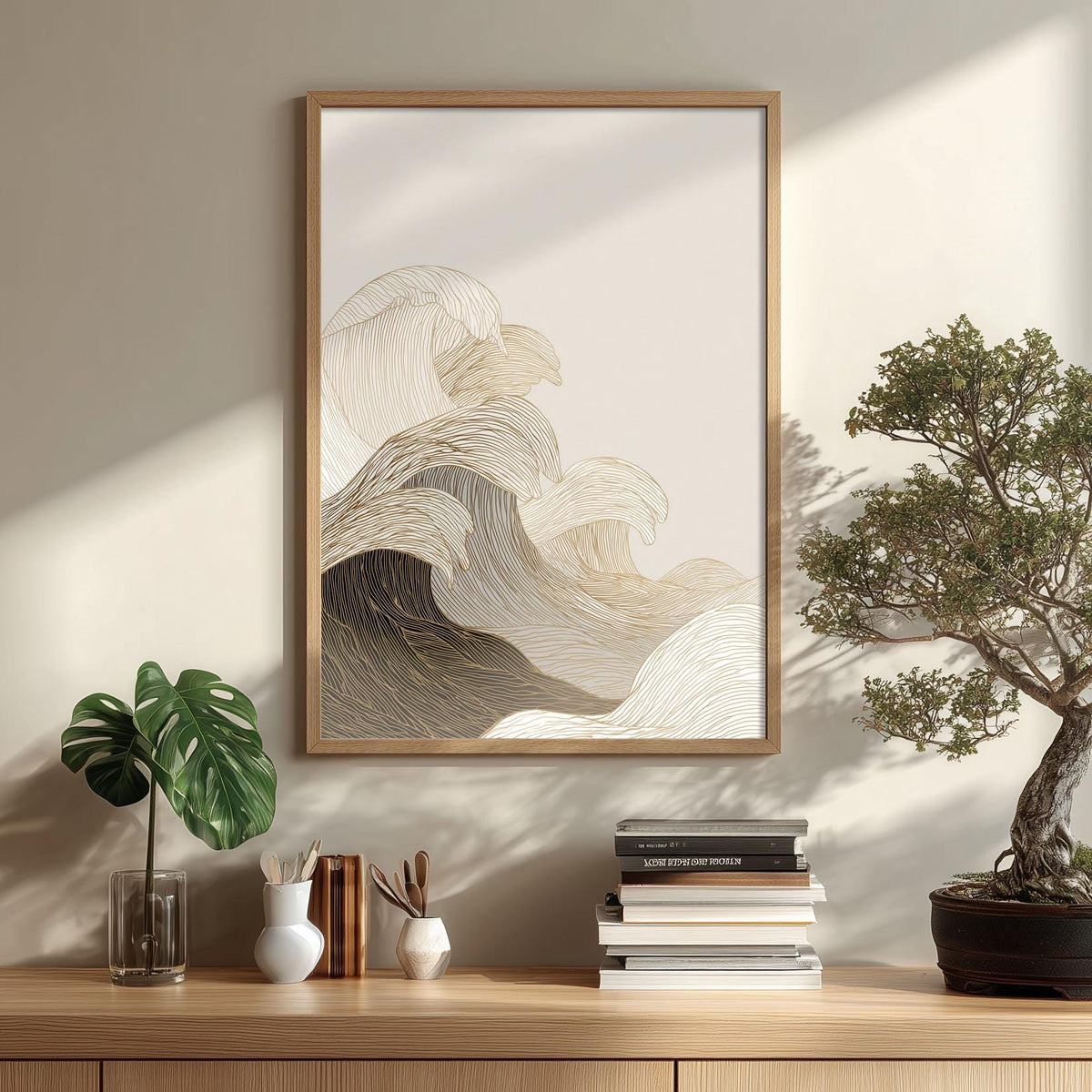 Minimalist Wave Print | Gold line ocean wall decor | Modern coastal poster