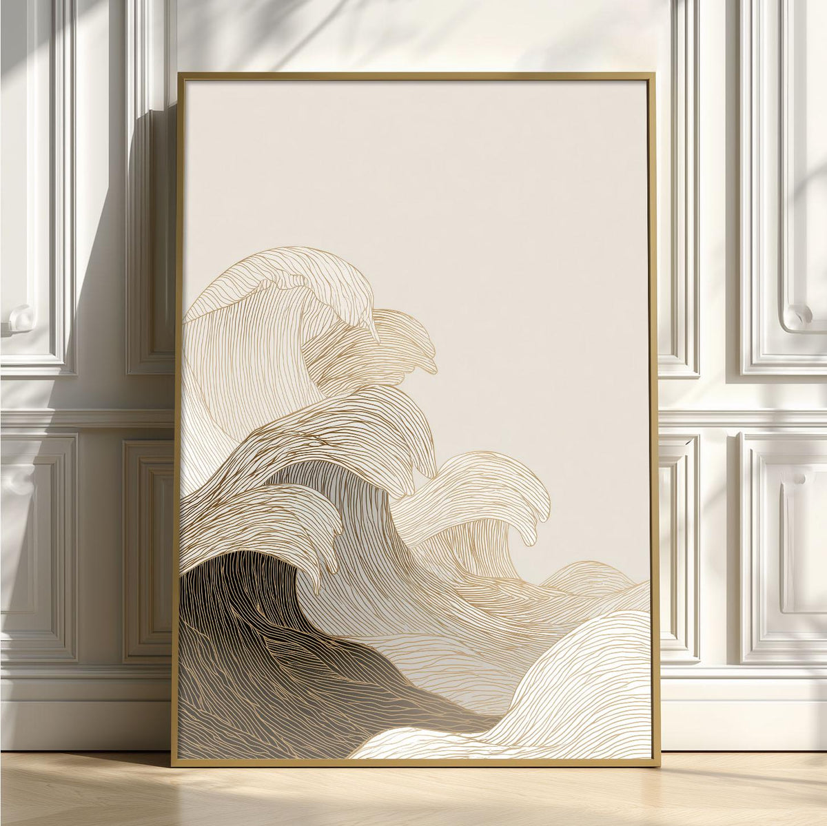 Minimalist Wave Print | Gold line ocean wall decor | Modern coastal poster