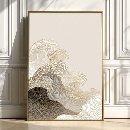 Minimalist Wave Print | Gold line ocean wall decor | Modern coastal poster