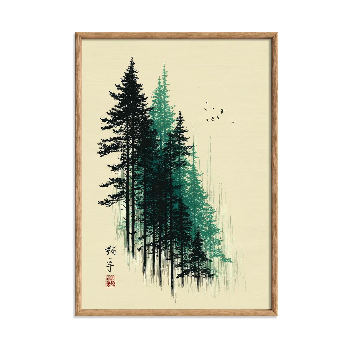Forest Poster, Green Woodblock Trees, Japanese Wall Art