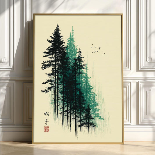 Forest Poster, Green Woodblock Trees, Japanese Wall Art