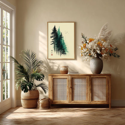 Forest Poster, Green Woodblock Trees, Japanese Wall Art