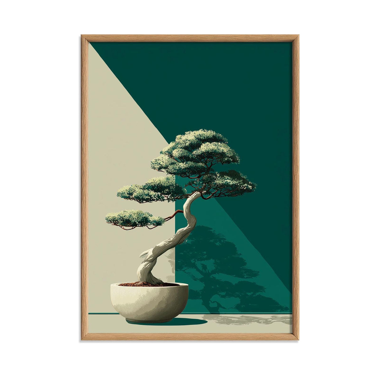 Bonsai Tree Art Print, Modern Japanese Minimalist Style, Teal Geometric Wall Art
