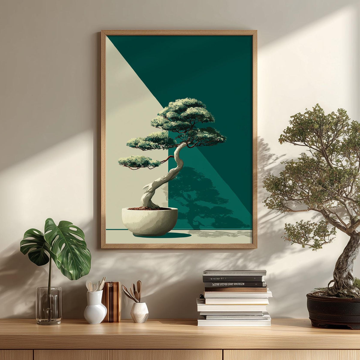 Bonsai Tree Art Print, Modern Japanese Minimalist Style, Teal Geometric Wall Art