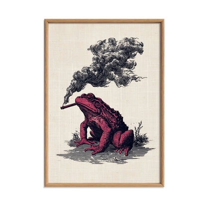 Smoking Frog Print – Vintage Engraving Poster | Dark Red Gothic Wall Art