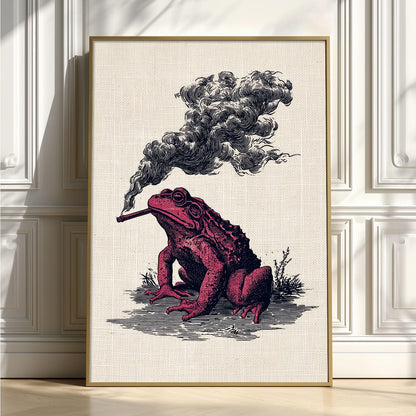 Smoking Frog Print – Vintage Engraving Poster | Dark Red Gothic Wall Art