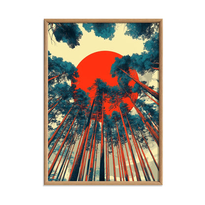 Forest Poster Print, Red Sun Graphic Illustration, Nordic Wall Art