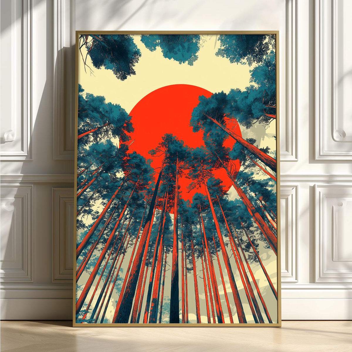 Forest Poster Print, Red Sun Graphic Illustration, Nordic Wall Art