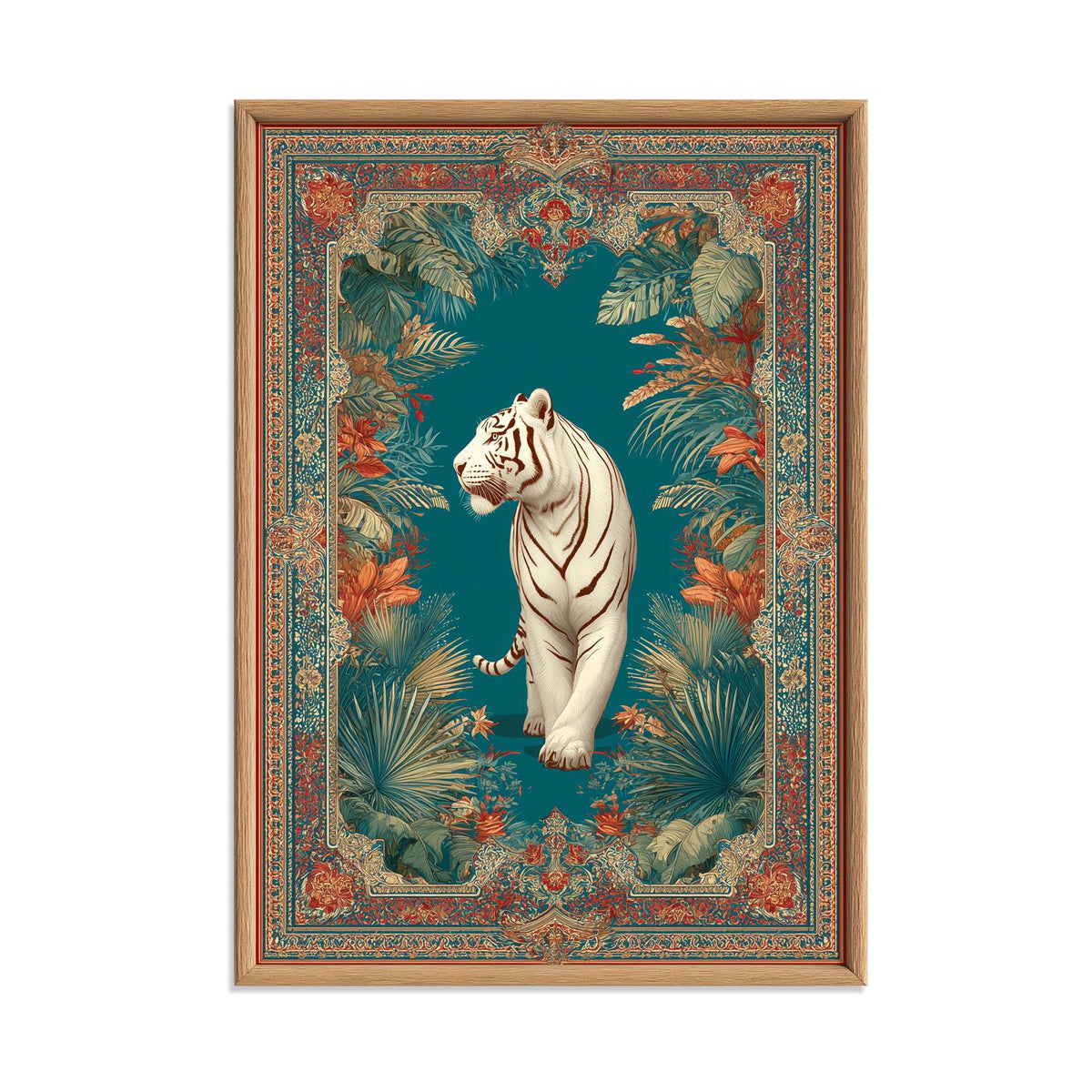 White Tiger Print, Ornate Jungle Decor, Teal Botanical Wall Art