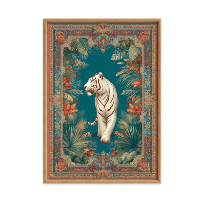 White Tiger Print, Ornate Jungle Decor, Teal Botanical Wall Art