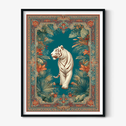 White Tiger Print, Ornate Jungle Decor, Teal Botanical Wall Art