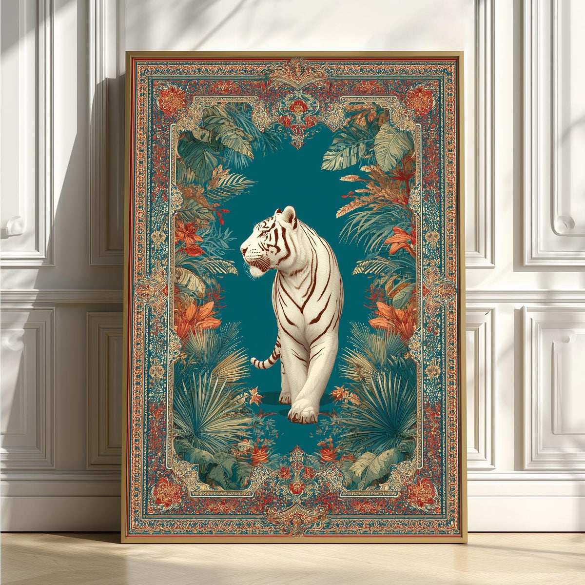White Tiger Print, Ornate Jungle Decor, Teal Botanical Wall Art