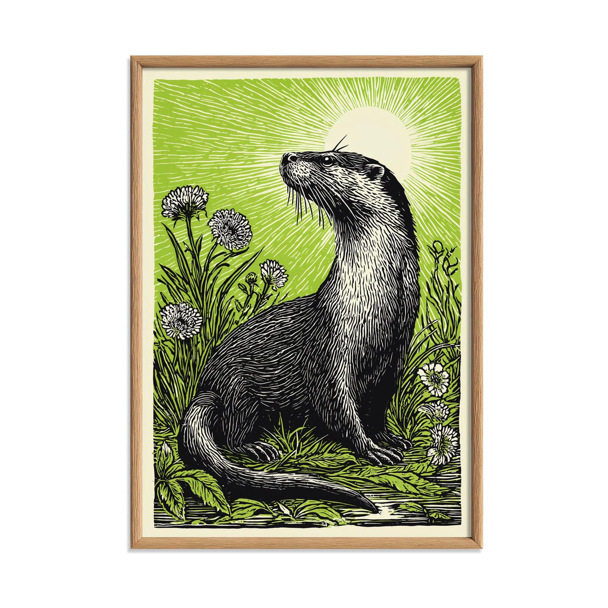 Otter Linocut Poster Print, Green Wildlife Illustration, Woodland Wall Art