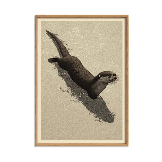 Swimming Otter Art Print, Japanese Minimal Wildlife, Neutral Wall Art