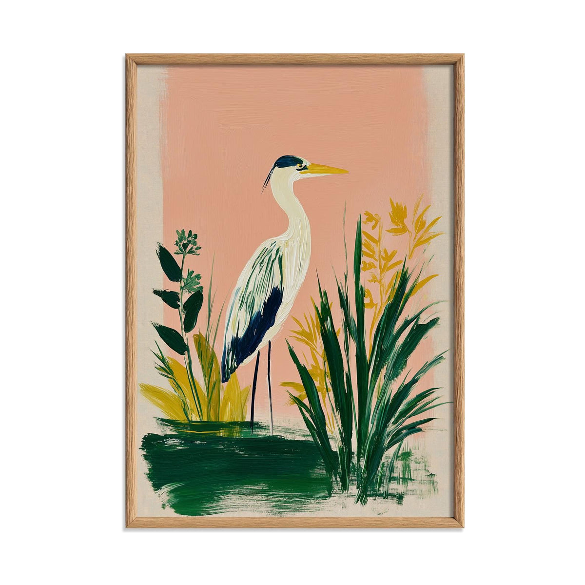 Heron Art Print, Pink Botanical Painting, Coastal Bird Wall Art