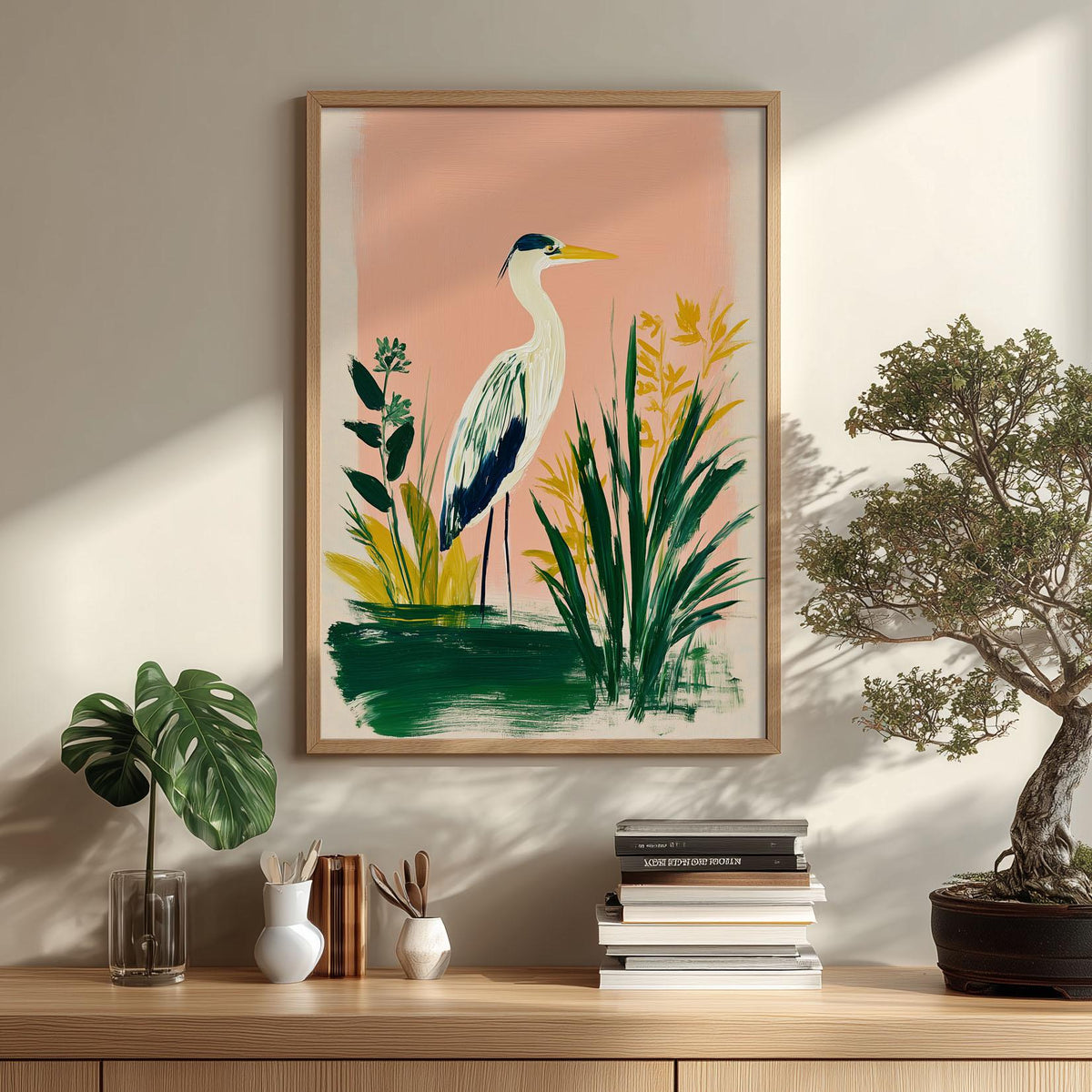 Heron Art Print, Pink Botanical Painting, Coastal Bird Wall Art