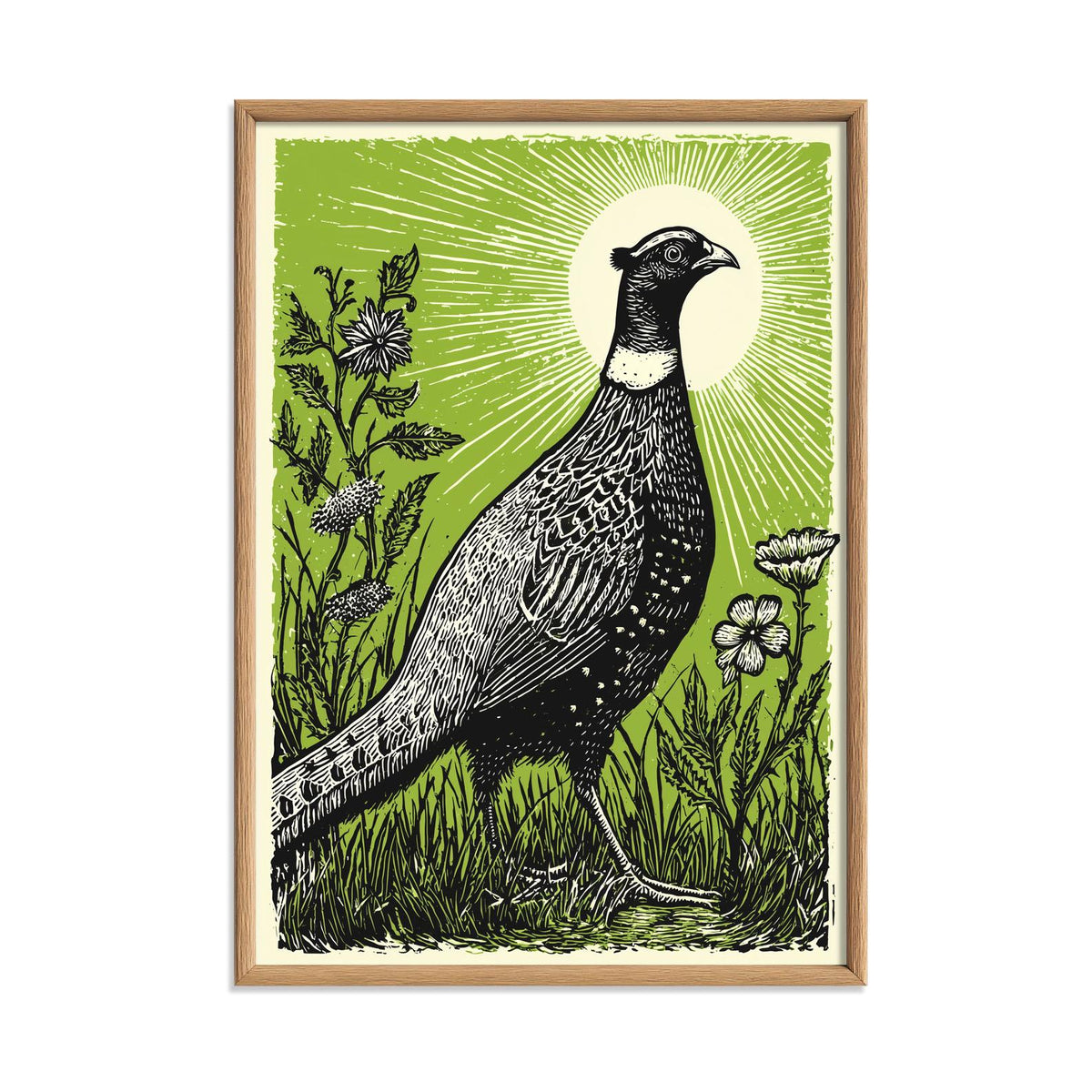Pheasant Linocut Poster Print, Green Wildlife Illustration, Woodland Wall Art