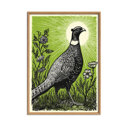 Pheasant Linocut Poster Print, Green Wildlife Illustration, Woodland Wall Art