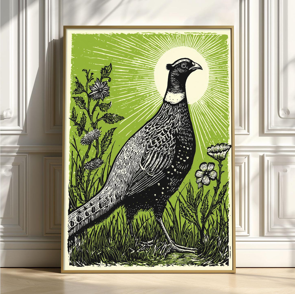 Pheasant Linocut Poster Print, Green Wildlife Illustration, Woodland Wall Art