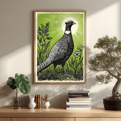 Pheasant Linocut Poster Print, Green Wildlife Illustration, Woodland Wall Art