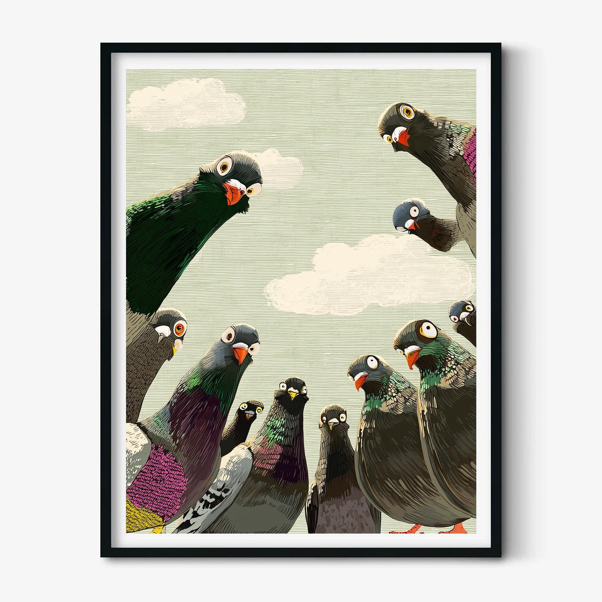 Curious Pigeon Wall Art Print, Quirky Bird Illustration, Funny Animal Decor