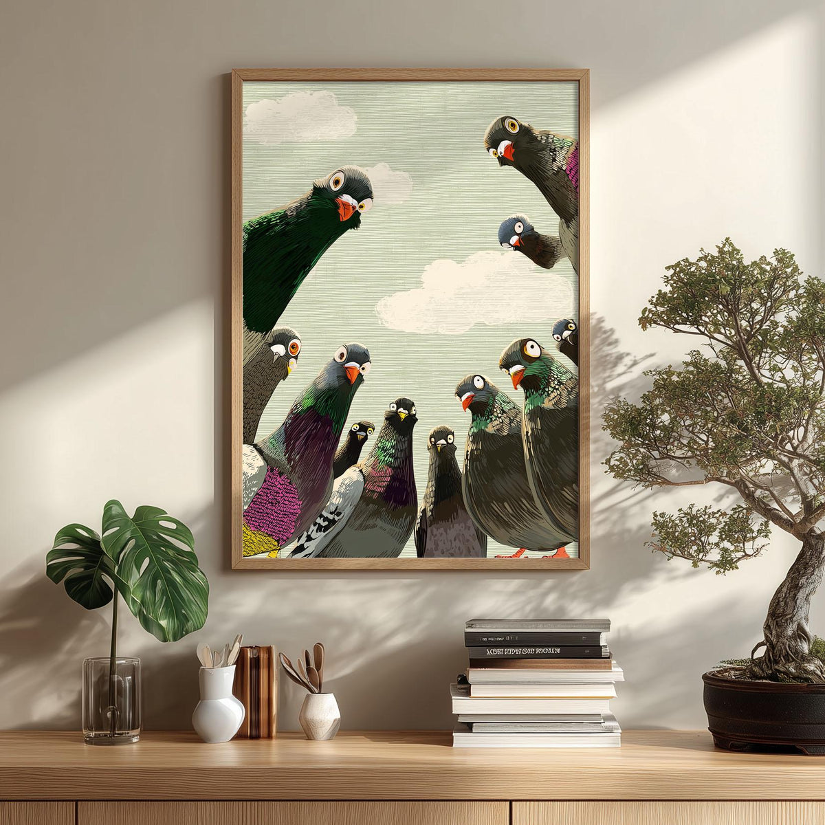 Curious Pigeon Wall Art Print, Quirky Bird Illustration, Funny Animal Decor