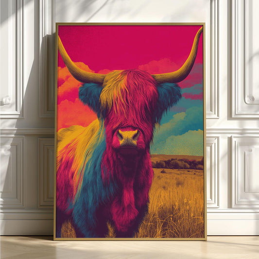 Highland Cow Poster Print, Colourful Pop Art, Scottish Animal Wall Art