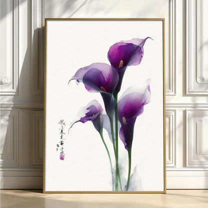Purple Calla Lily Poster Print, Chinese Botanical Style, Floral Wall Art