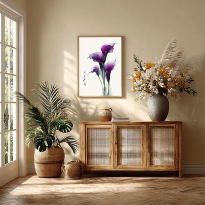 Purple Calla Lily Poster Print, Chinese Botanical Style, Floral Wall Art
