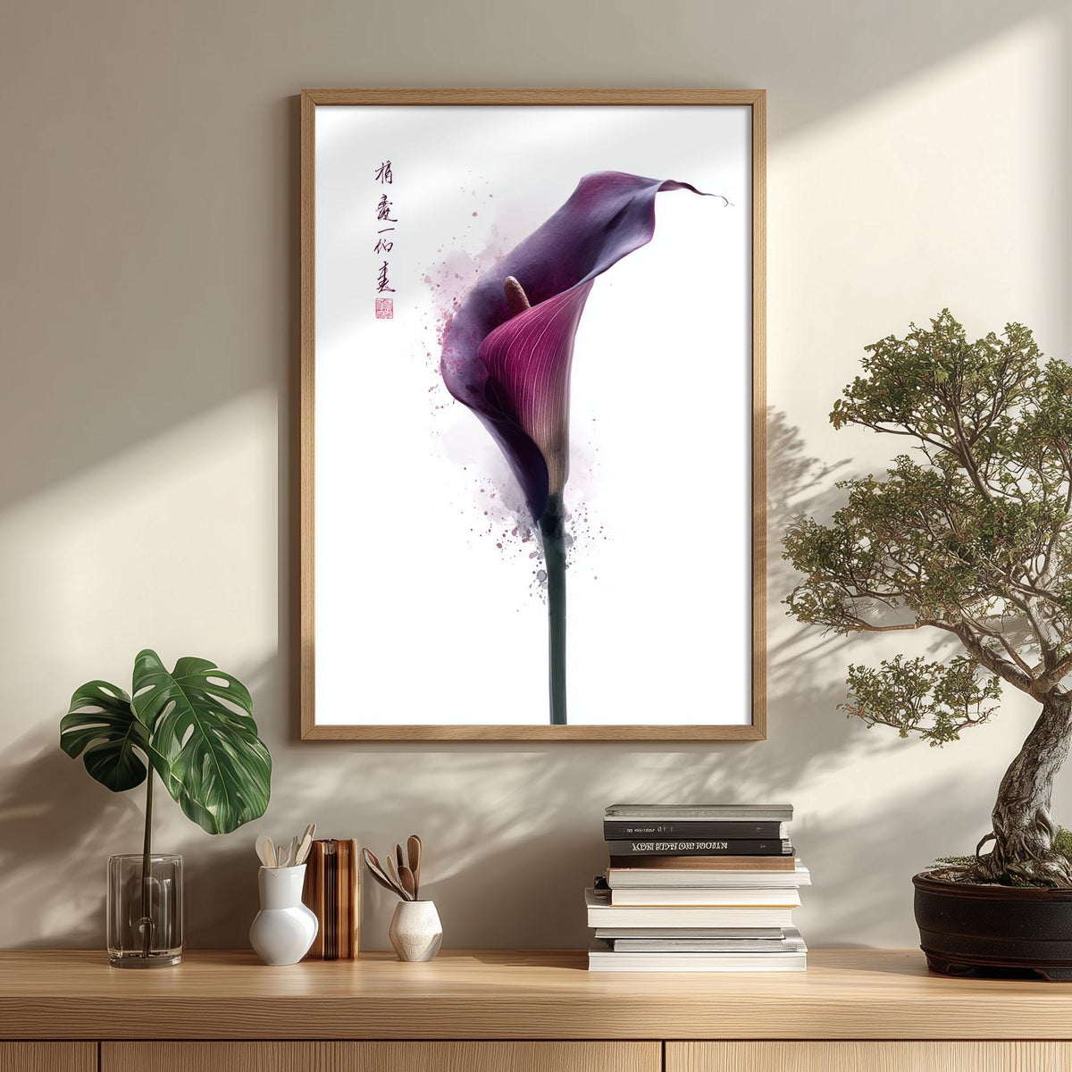 Purple Calla Lily Art Print, Chinese Floral Style, Minimalist Wall Art