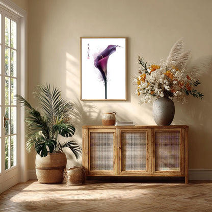 Purple Calla Lily Art Print, Chinese Floral Style, Minimalist Wall Art
