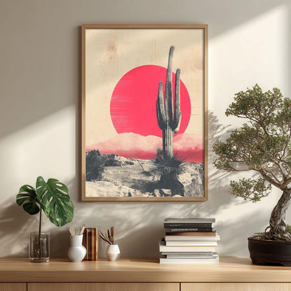 Cactus Desert Poster, Pink Sun Landscape, Vintage Western Wall Art