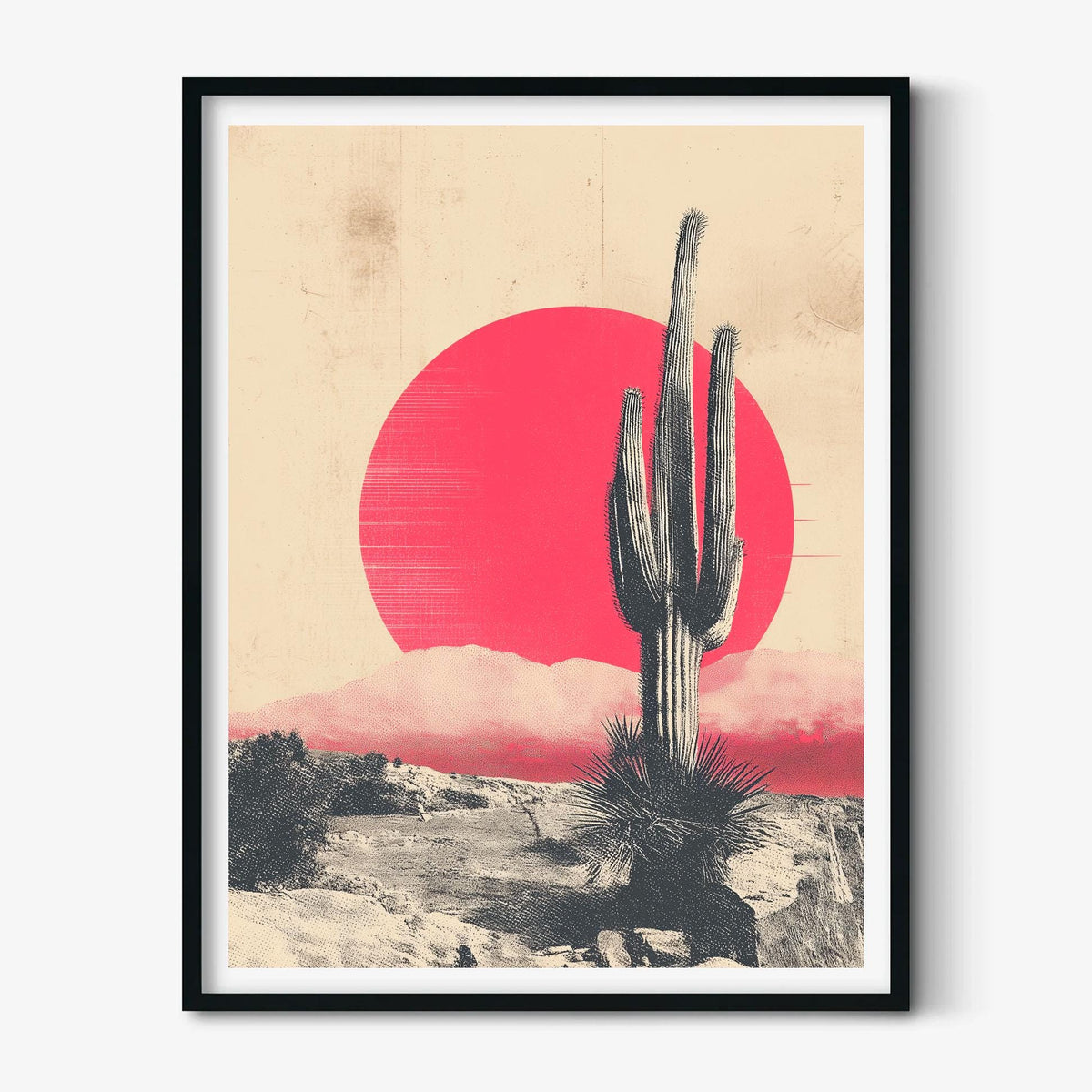 Cactus Desert Poster, Pink Sun Landscape, Vintage Western Wall Art