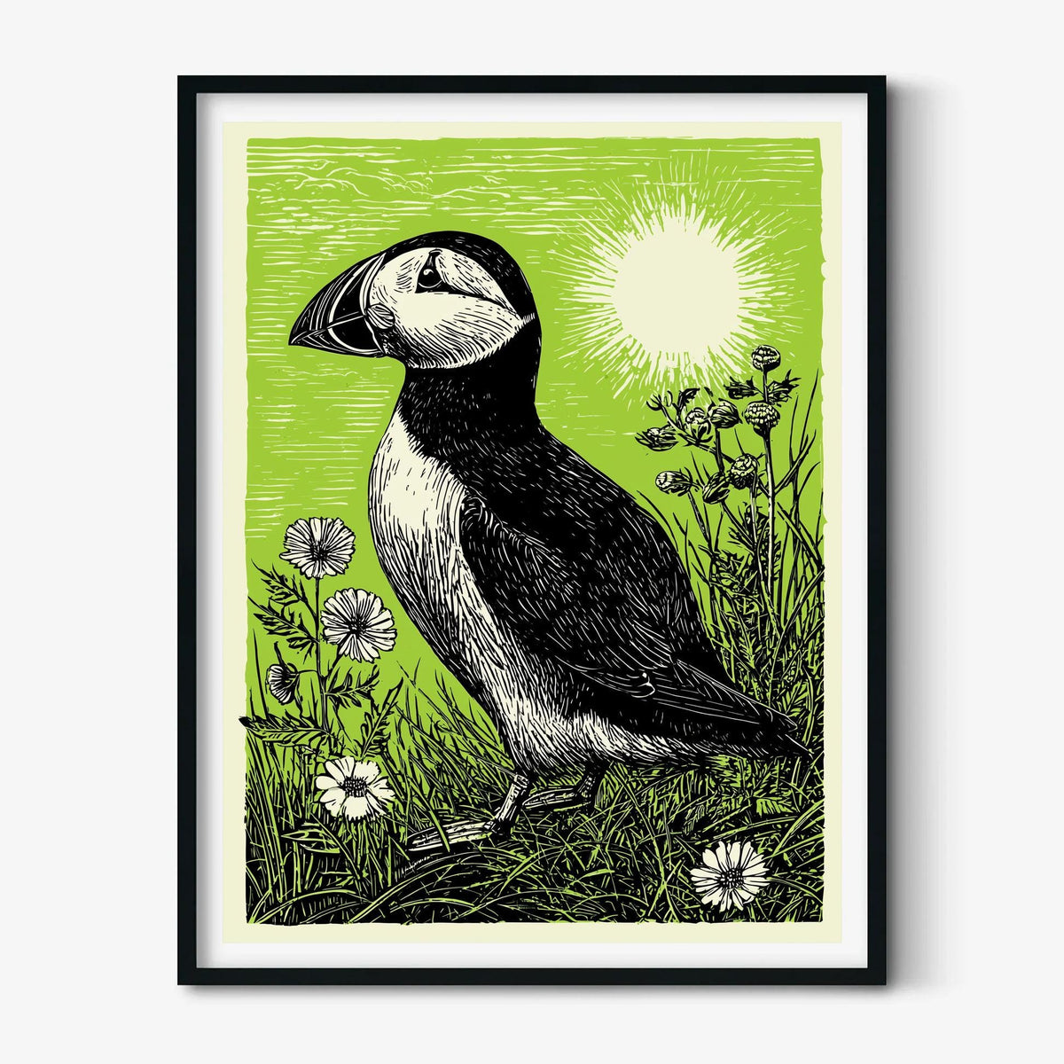 Puffin Linocut Print, Green Wildlife Illustration, Coastal Bird Wall Art
