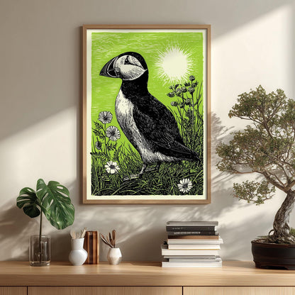 Puffin Linocut Print, Green Wildlife Illustration, Coastal Bird Wall Art