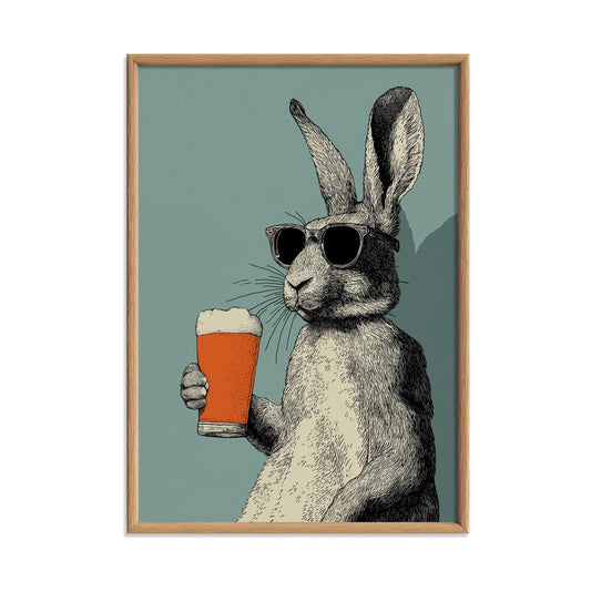 Rabbit Pub Wall Art Print, Funny Animal Illustration, Vintage Bar Decor
