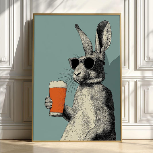 Rabbit Pub Wall Art Print, Funny Animal Illustration, Vintage Bar Decor