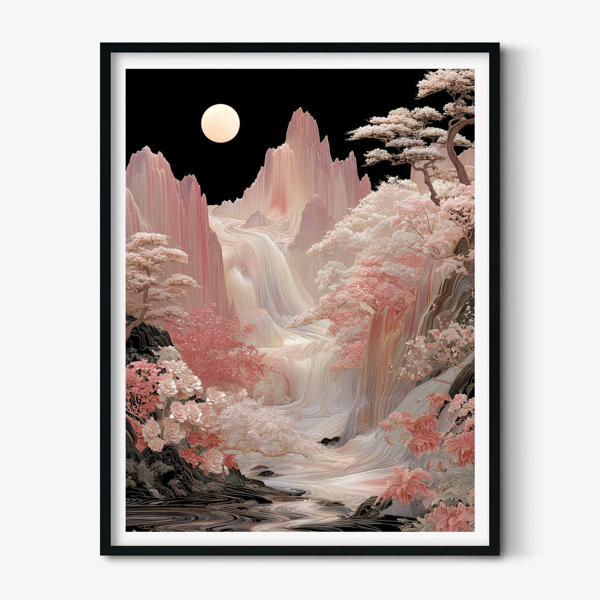 Mountain Print, Korean Waterfall Landscape, Moon Floral Decor