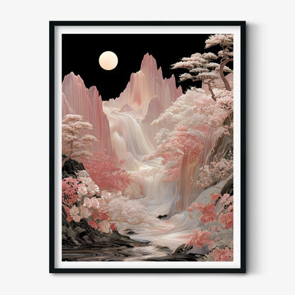 Mountain Print, Korean Waterfall Landscape, Moon Floral Decor