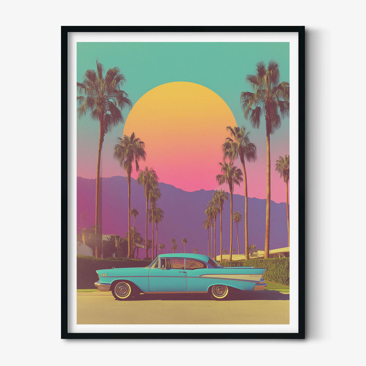 Palm Springs Poster Print, Retro Car Sunset, Vintage Travel Wall Art