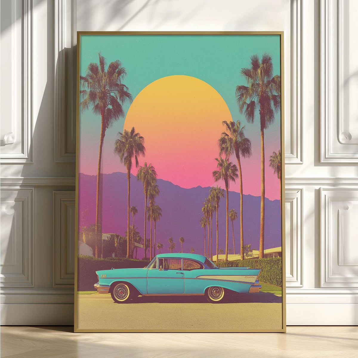 Palm Springs Poster Print, Retro Car Sunset, Vintage Travel Wall Art