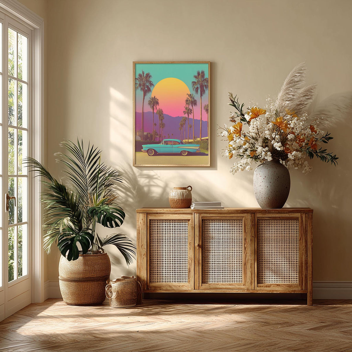 Palm Springs Poster Print, Retro Car Sunset, Vintage Travel Wall Art