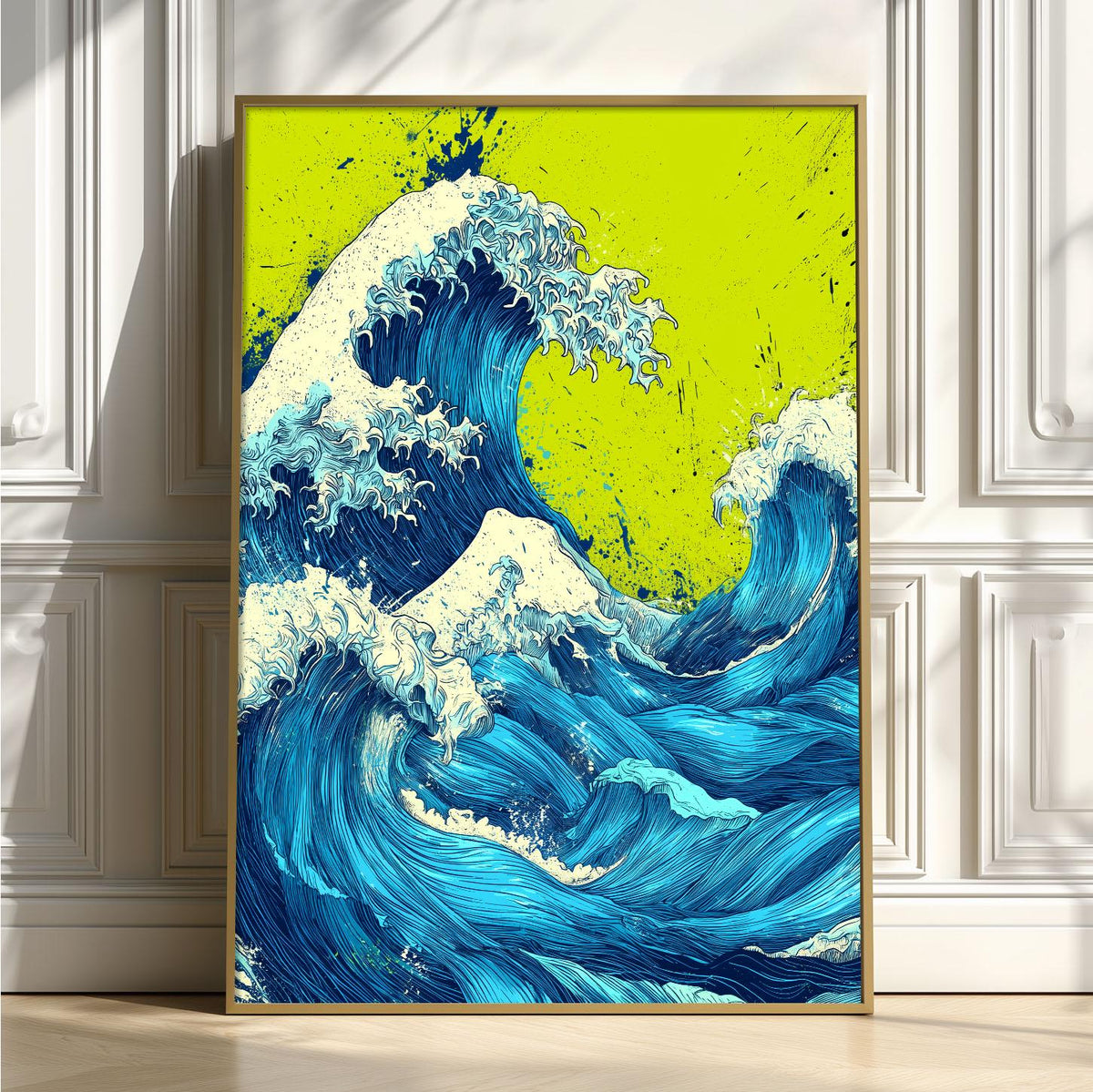 Blue Wave Wall Art, Japanese Pop Art Style, Lime Green Ocean Print